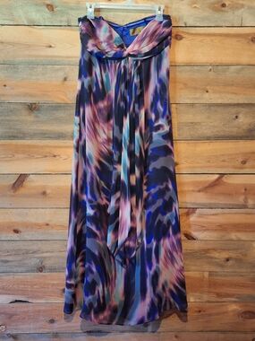 Nicole Miller Strapless Maxi Dress in Purple, Blue and Pink Abstract Print